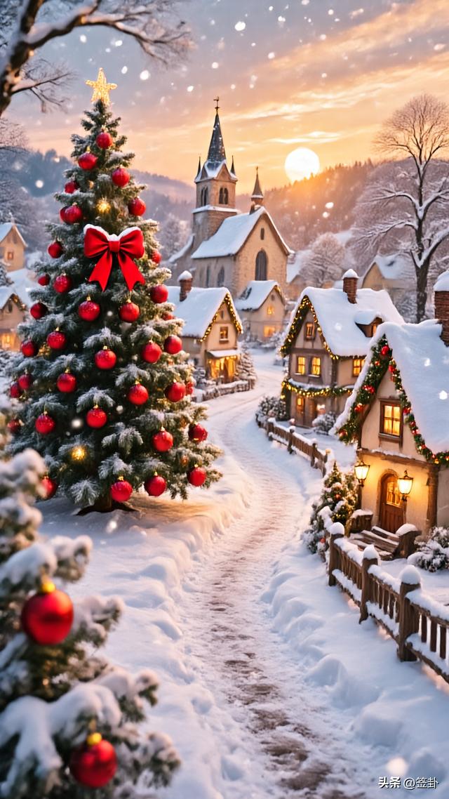 白雪皑皑的圣诞黄昏美景
