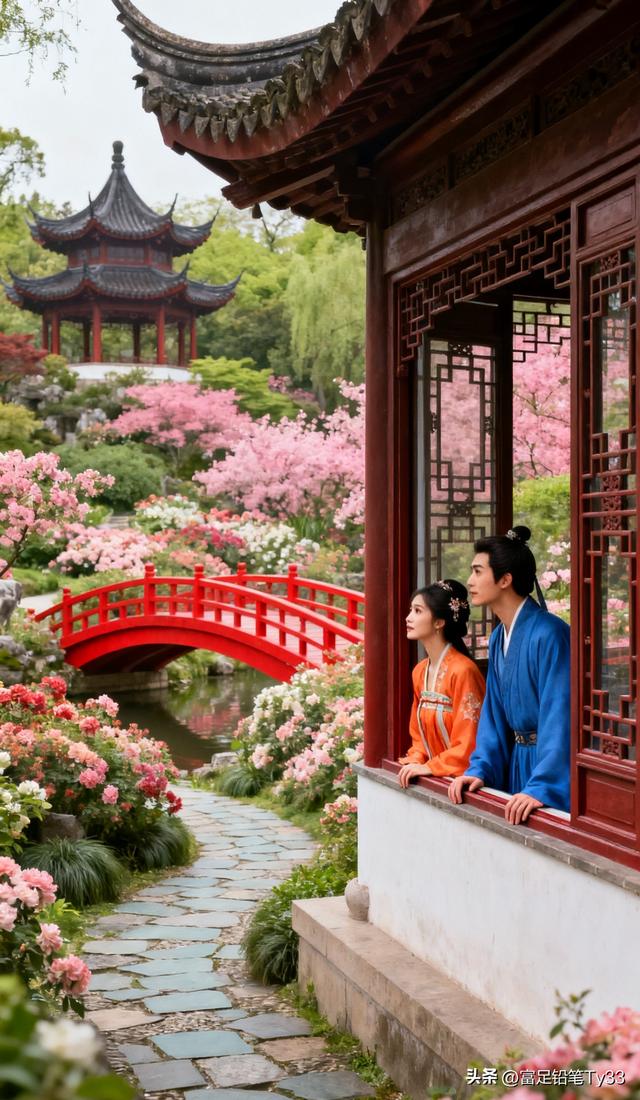 在古风园林中，情侣共享浪漫时光，花海与红桥相映成趣！