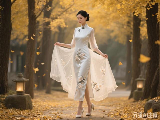 米白色梦幻旗袍美女图片鉴赏（末尾附ai提示词）
