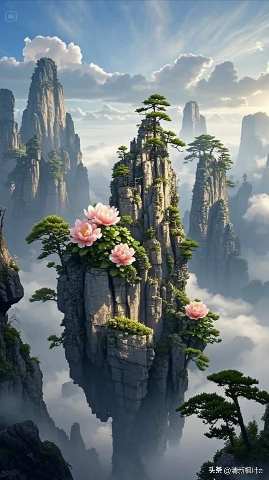 在云雾缭绕的奇幻之境，张家界悬浮山宛如超脱尘世的仙岛傲然矗立
