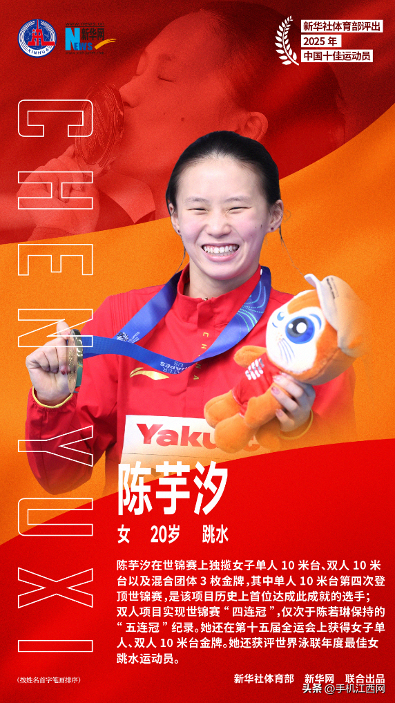 2025年中国十佳运动员：石宇奇、巩立姣	、刘焕华、孙颖莎、陈芋汐、苏翊鸣	、邹敬园、胡凯、覃海洋	、蒋裕燕