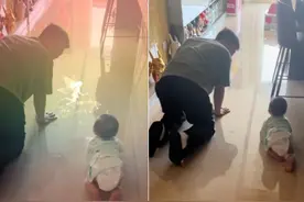 杜淳陪8个月女儿练爬行，小蛋饺光脚爬超可爱，学爬期要穿袜子吗图片